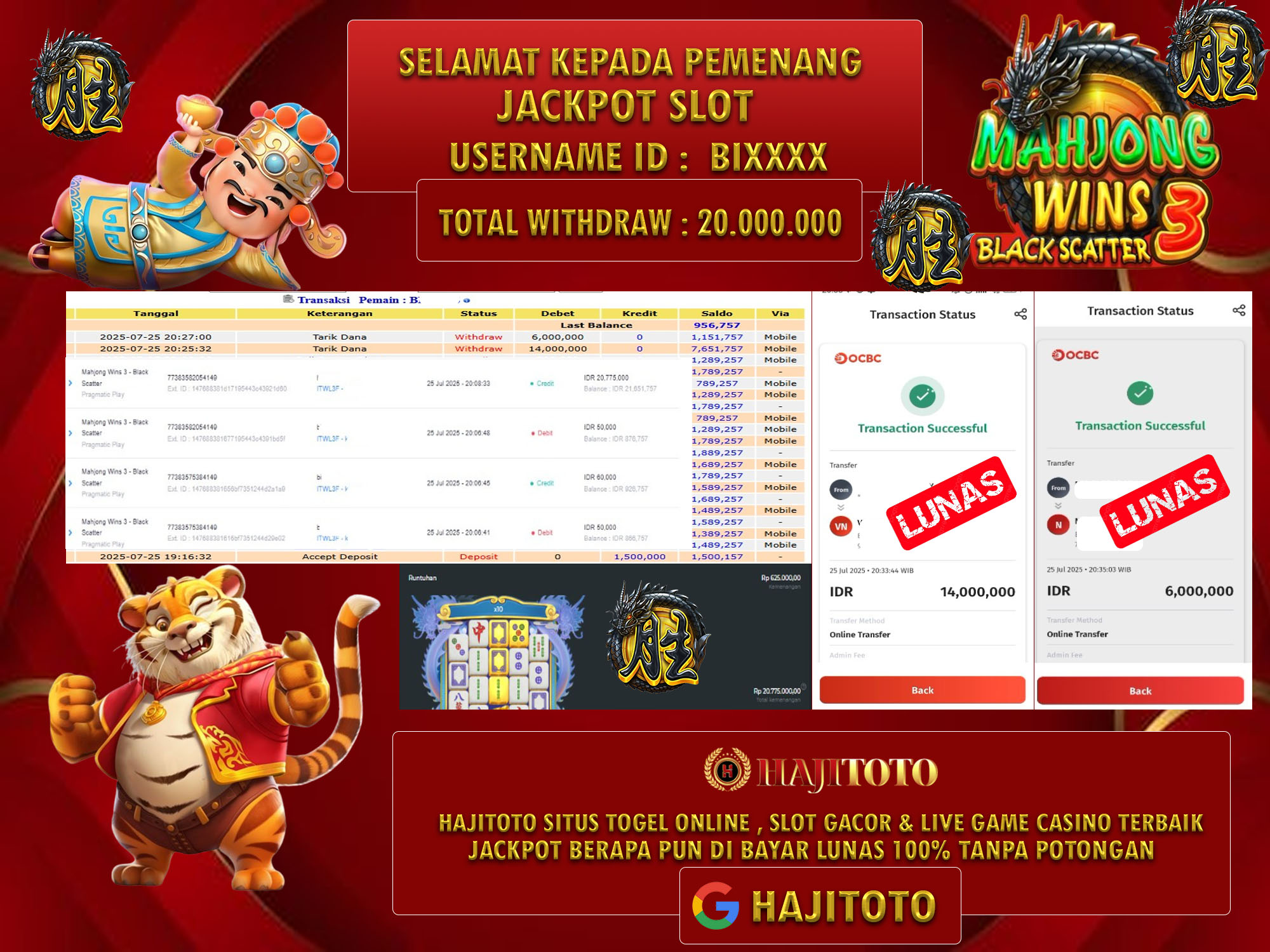 SELAMAT KEPADA PEMENANG MEMBER MERAIH JACKPOT DI GAME SLOT MAHJONG WAYS 3 -BLACK SCATTER TOTAL RP 20.000.000 DI BAYAR LUNAS